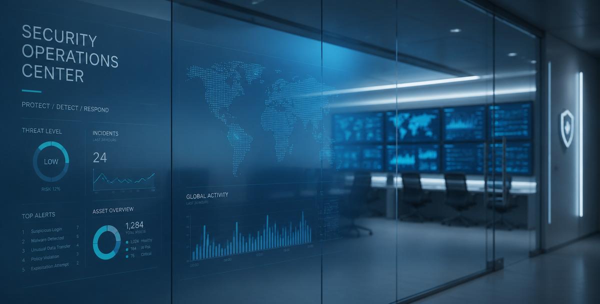 Modern security operations center glass surface with data visualizations and blue-teal light gradients